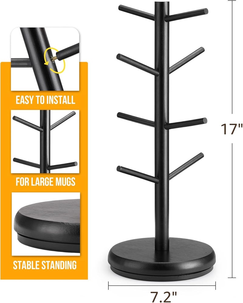 Lorbro Coffee Mug Tree, 360° Rotated Mug Holder with 8 Hooks, Wooden Coffee Cup Holder Rack Stand Accessories for Countertop Kitchen Decor Organizer - Image 4